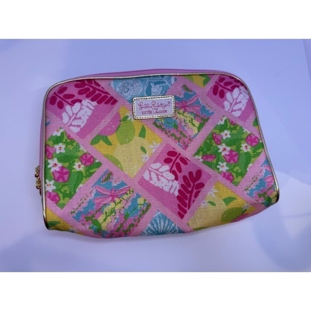 Lilly Pulitzer for Estee Lauder Cosmetic Bag Pouch Pink Floral Patchwork Print